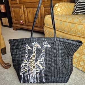 Vera Bradley Fanfare Black Woven Tote Bag with Giraffe Design, Soft Woven Nylon